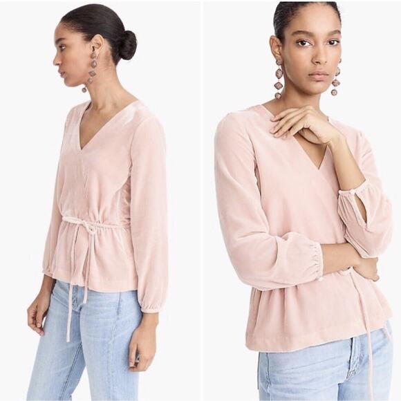 J. Crew Size 6 Pink Draped Velvet Faux Wrap V Neck Long Sleeve Tie Belt Top - Picture 2 of 7